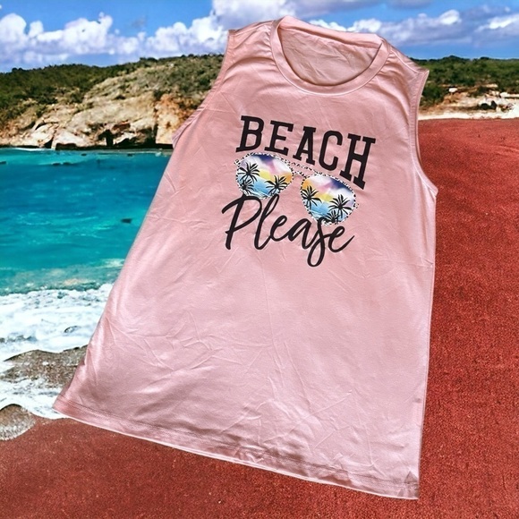 Woman's Beach Print Crew Neck Tank Top, Casual Sleeveless Tank Top (new) - Picture 3 of 6